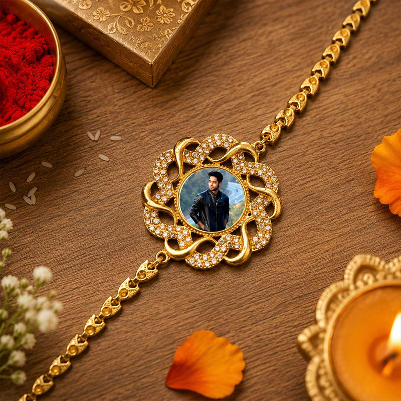 Custom Photo Rakhi with Premium Gold Chain Personalized Raksha Bandhan Gift for Brother | Love Craft Gifts™