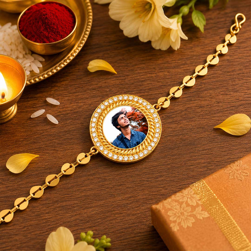 Personalized Photo Rakhi with Gold Chain Custom Raksha Bandhan Gift for Brother | Love Craft Gifts™