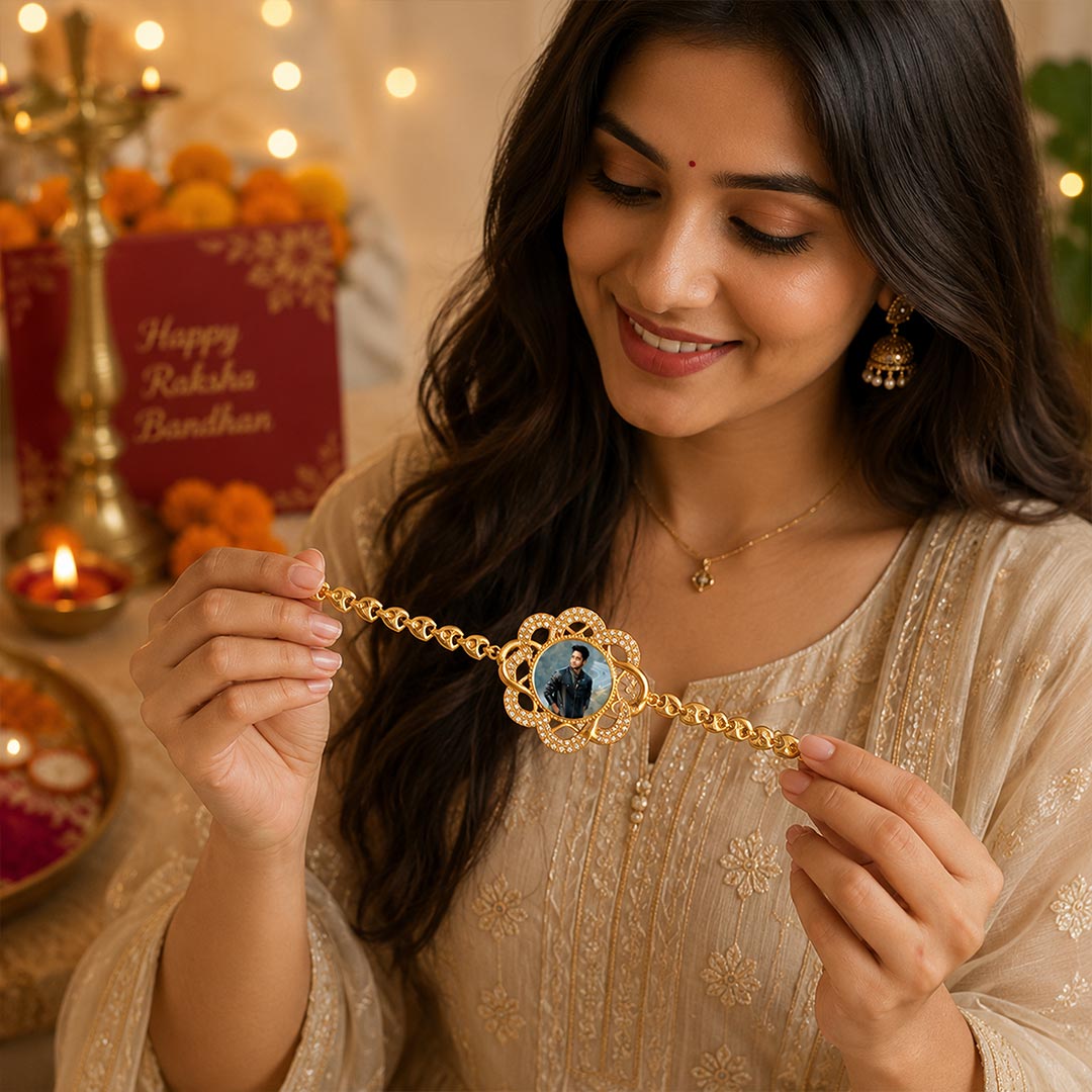 Personalized Picture Rakhi Elegant Gold Designer Rakhi for Raksha Bandhan | Love Craft Gifts™