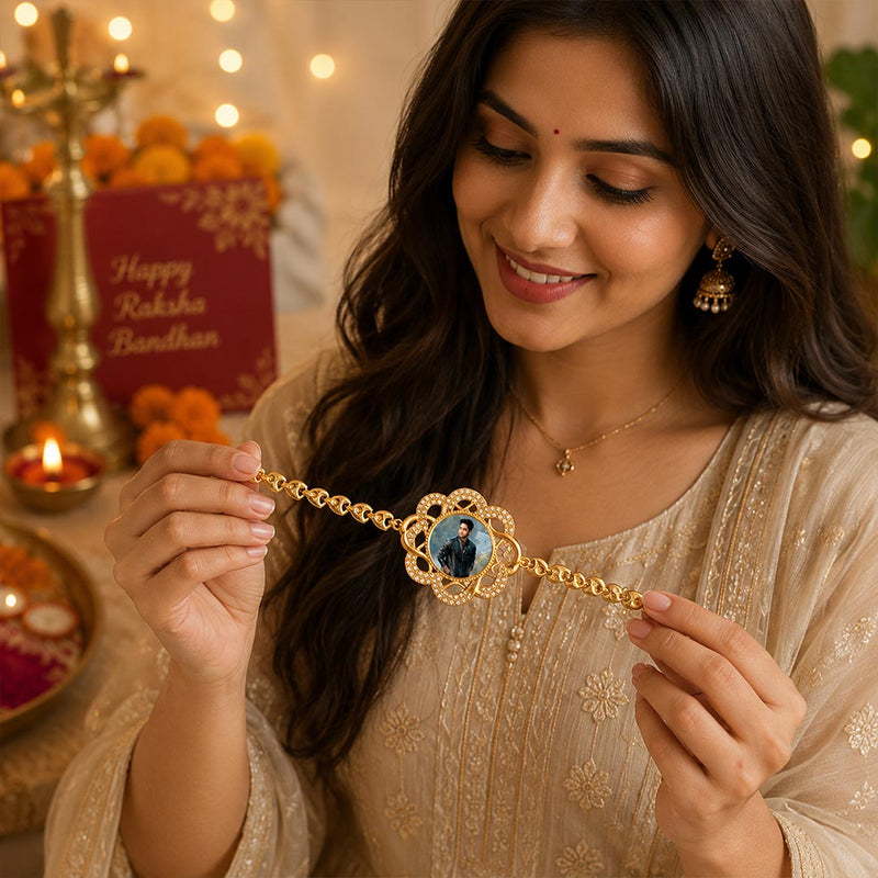 Personalized Picture Rakhi Elegant Gold Designer Rakhi for Raksha Bandhan | Love Craft Gifts™