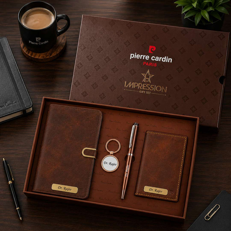 Personalized Pierre Cardin Impression Brown Gift Set | Custom Notebook, Pen, Passport Cover & Keychain | Love Craft Gifts™