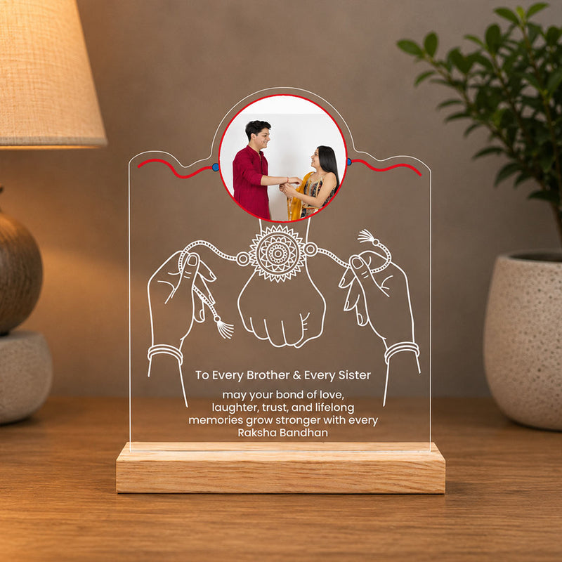 Personalized Raksha Bandhan Acrylic Photo LED Table Stand | Custom Brother Sister Photo Lamp (7×6 Inch) | Love Craft Gifts™
