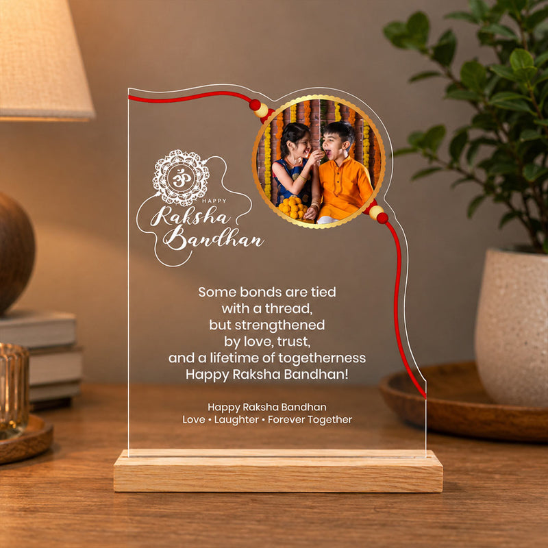 Personalized Raksha Bandhan Acrylic Photo LED Table Stand | Custom Brother Sister Photo Lamp (8×6") | Love Craft Gifts™