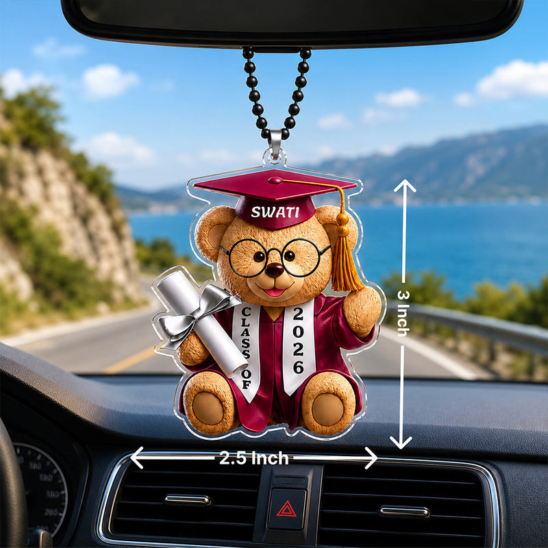 Personalized Rear View Mirror Graduation Car Hanging | Custom Teddy Bear Acrylic Keepsake for Graduates | Love Craft Gifts™