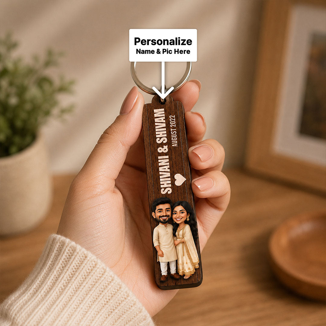 Personalized Romantic Couple Keychain 2x4 Inch | Custom Cartoon Illustration with Couple Names & Special Date Gift for Him & Her
