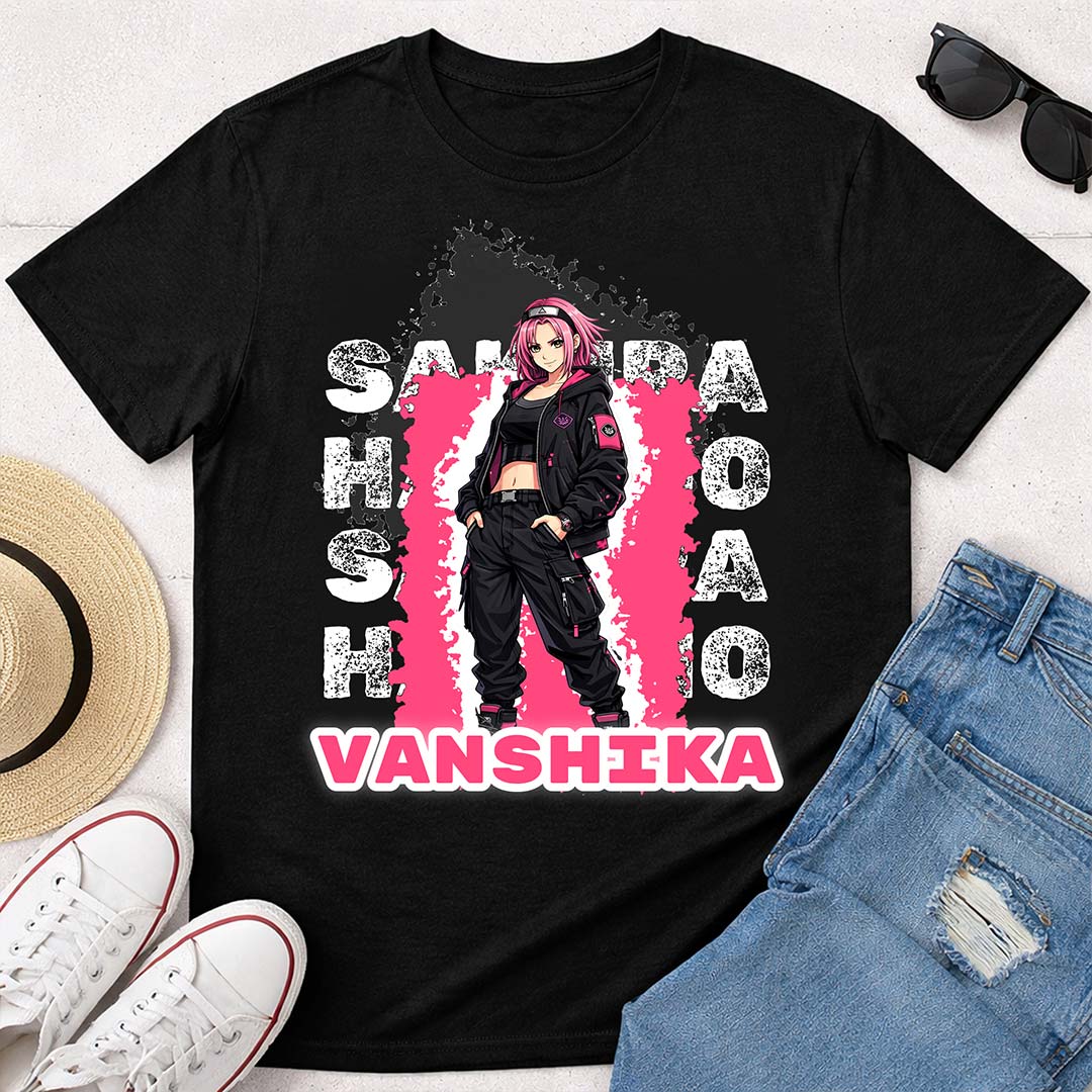 Personalized Sakura Haruno Anime Name T-Shirt for Women – Custom Printed Black Tee | Love Craft Gifts