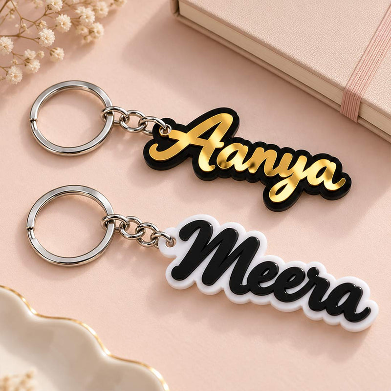 Personalized Script Name Keychain 2x3" in Golden-Black or Black-White | Love Craft Gifts™