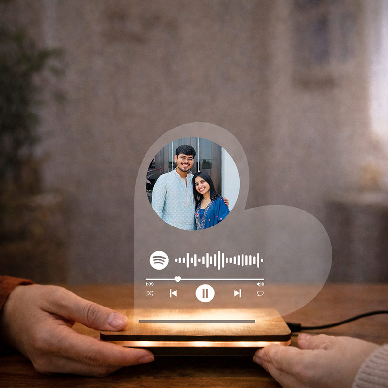 Personalized Spotify Photo LED Acrylic Lamp | Custom Photo & Name Music Plaque Night Light with Wooden Base | Romantic Gift for Couples | 8.5x9" | Love Craft Gifts™