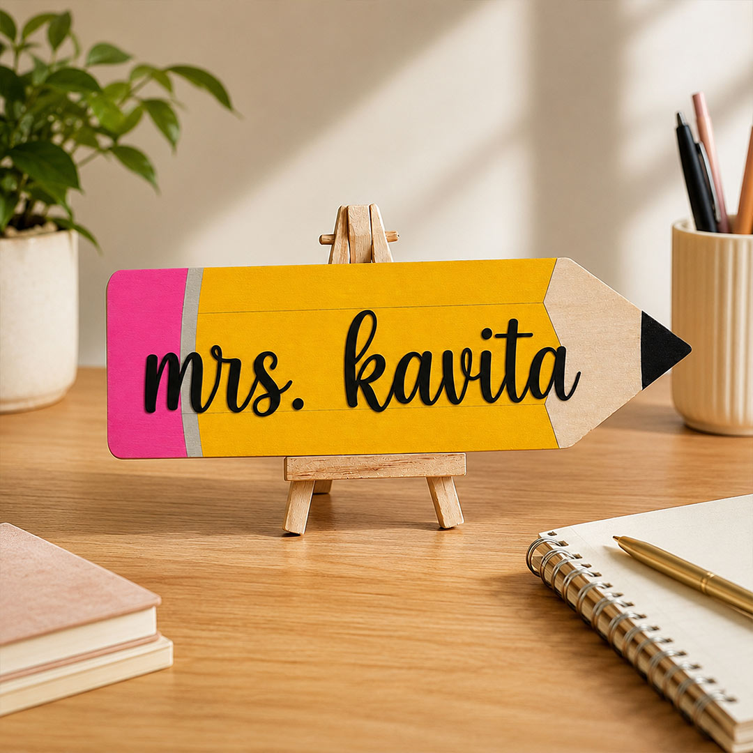 Personalized Teacher Name Pencil Table Stand 3x5 Inch | Custom Wooden Teacher Desk Décor for Teacher’s Day Gift | Love Craft Gifts™