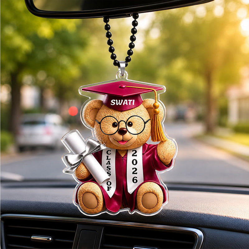Personalized Teddy Bear Graduation Car Hanging | Custom Acrylic Mirror Hanging Gift for Students | 2.5x3" | Love Craft Gifts™