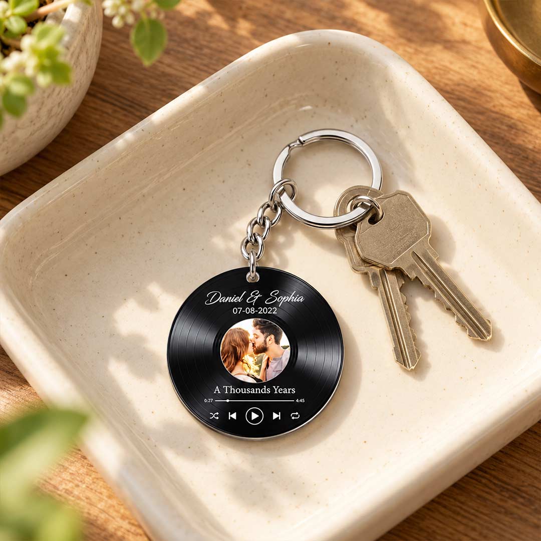 Personalized Vinyl Record Couple Photo Keychain 3x3" | Custom Names Date & Song Gift | Love Craft Gifts™