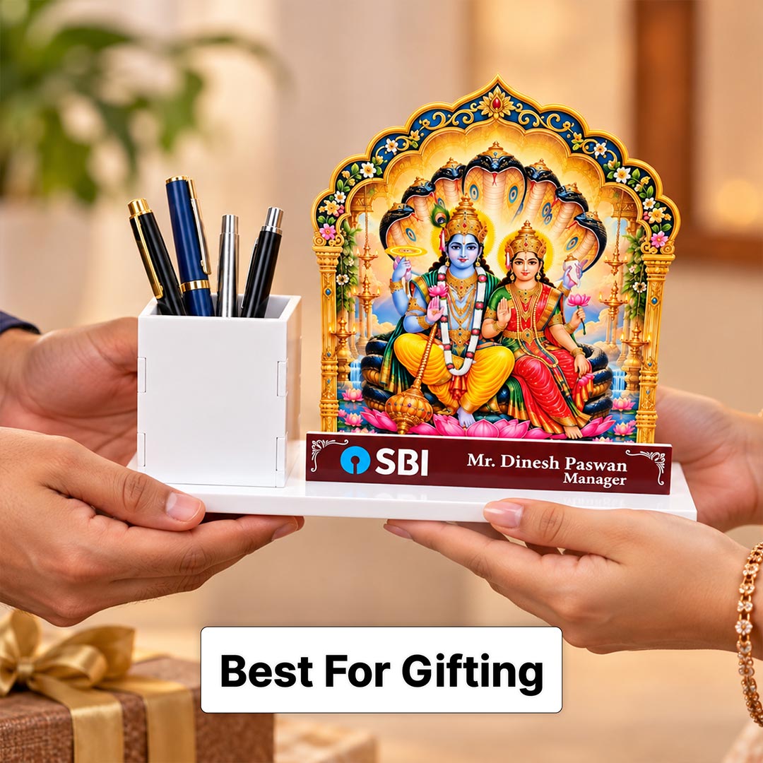 Personalized Vishnu Lakshmi Desk Nameplate | Custom Company Logo Diwali Gift for Executives | Love Craft Gifts™