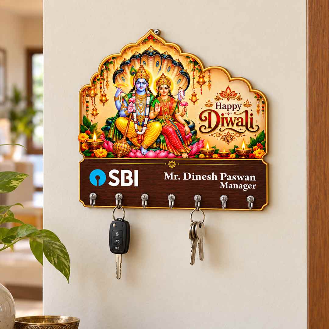 Personalized Vishnu Lakshmi Diwali Key Holder 9x9" with 7 Hooks | Love Craft Gifts™