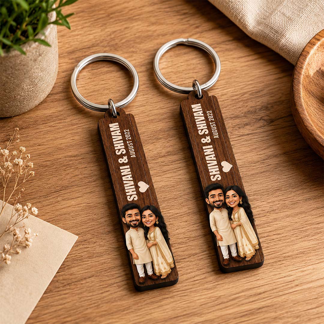 Personalized Wedding Couple Wooden Keychain 2x4 Inch | Custom Bride Groom Cartoon with Names & Wedding Date Key Ring Gift