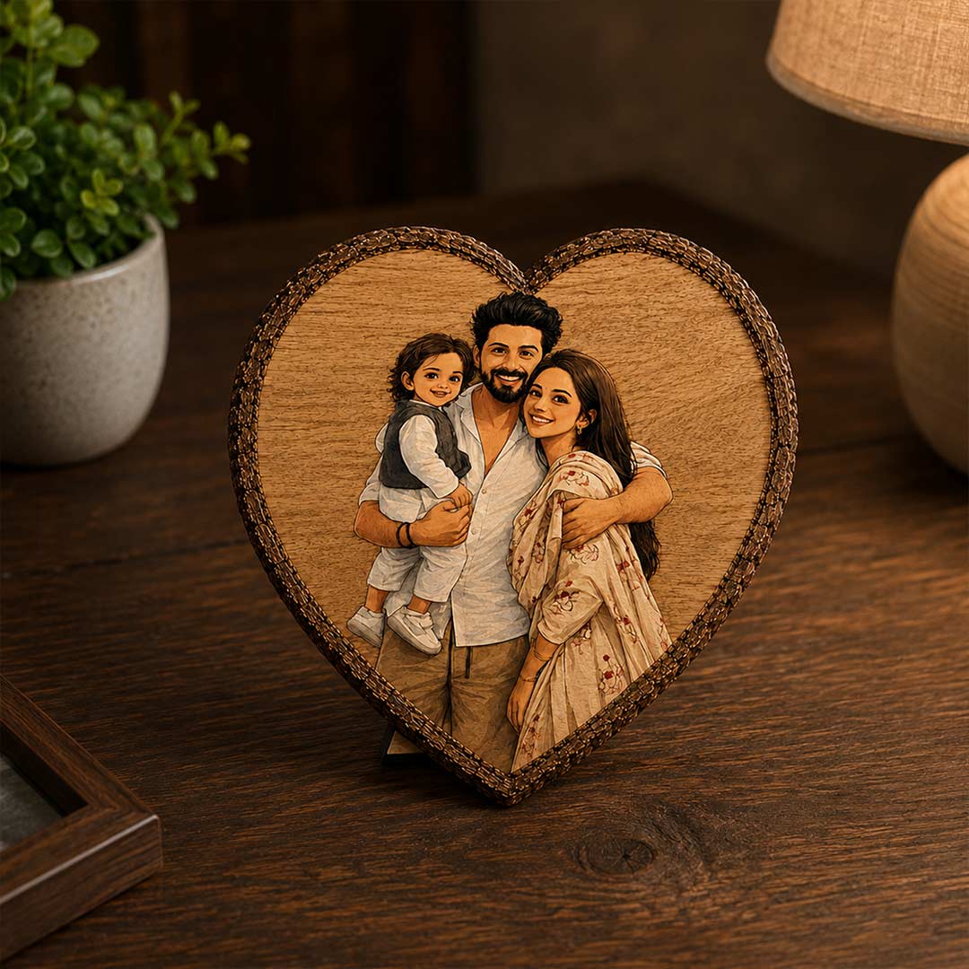 Personalized Wooden Family Portrait Plaque | Custom Heart Slice Table Décor | Love Craft Gifts™