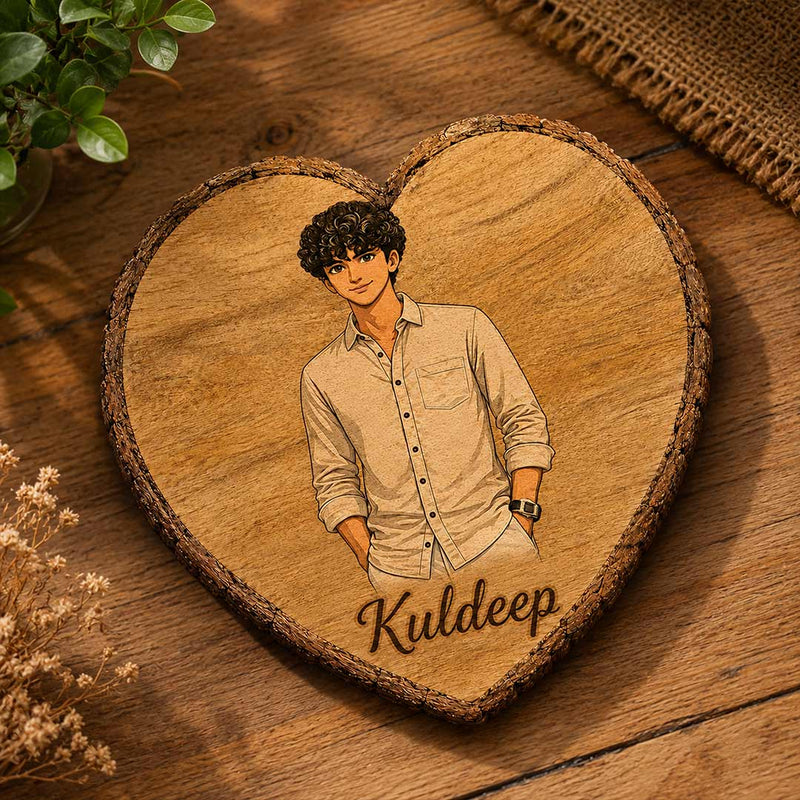 Personalized Wooden Heart Slice Portrait Art | Custom Portrait & Name Wooden Keepsake | 7×7 Inch | Love Craft Gifts™