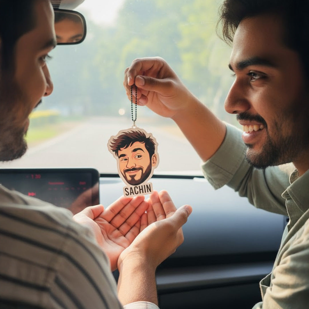 Personalized Cartoon Car Hanger – 2×3" (Custom Face + Name)| Love Craft Gifts