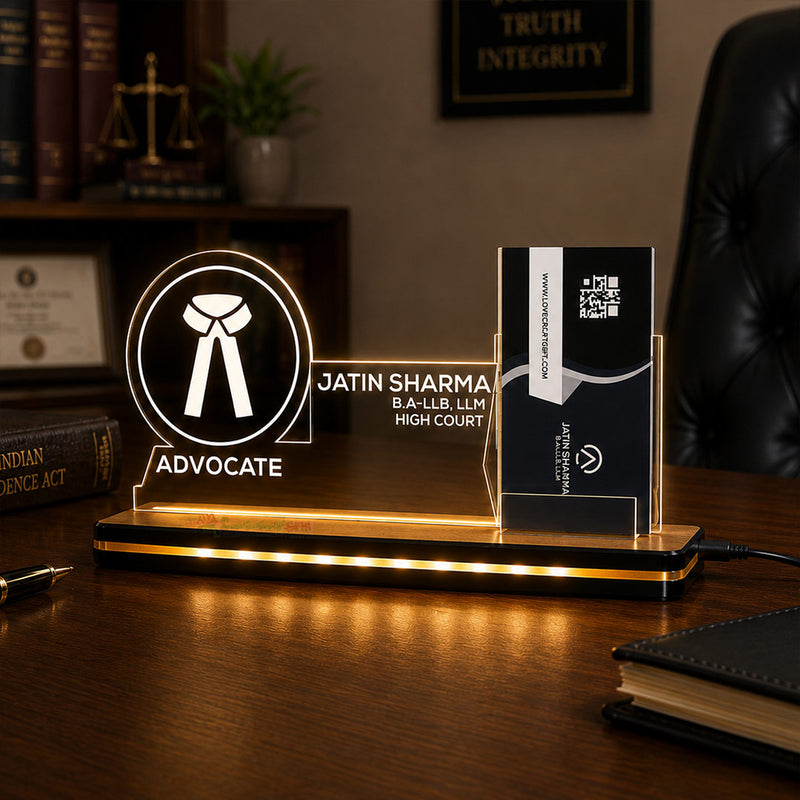 Personalized Advocate LED Visiting Card Holder with Custom Name | Professional Lawyer Desk Décor Gift for Advocates - 8x6" | Love Craft Gifts™