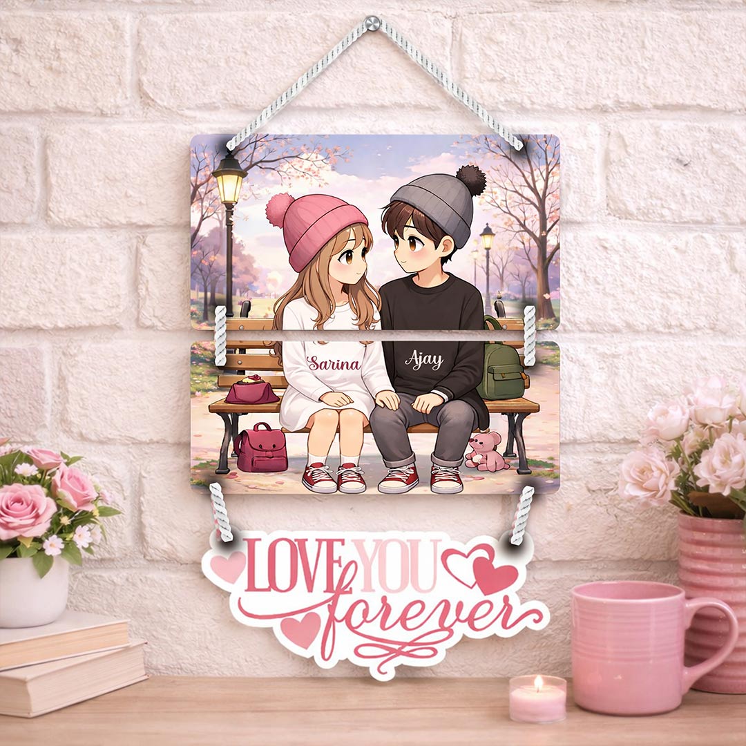 Personalized Anime Couple Love Forever Wall Hanging (9x14 Inch) – Custom Name Wooden Decor | Love Craft Gifts