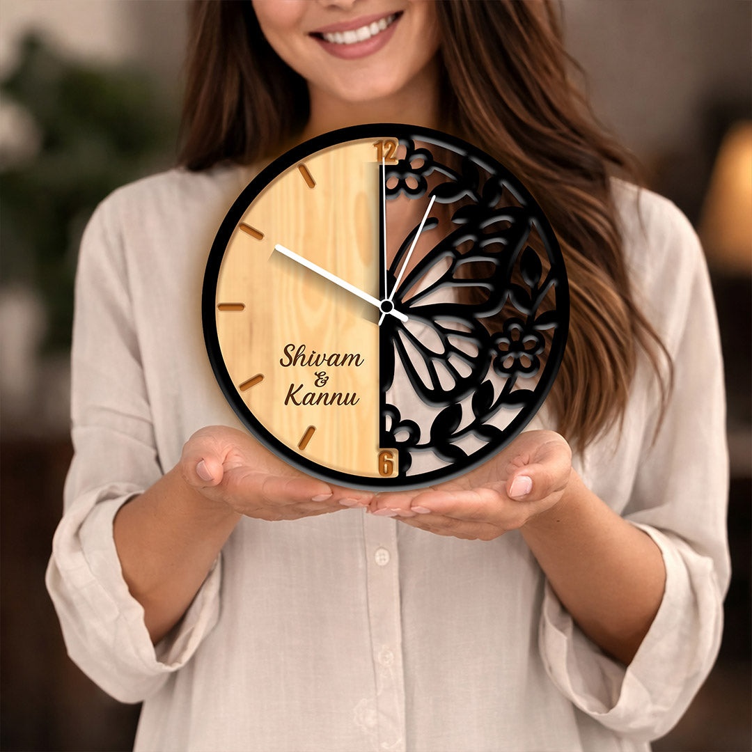 Personalized Butterfly Designer Wall Clock – Custom Name Wooden Couple Wall Clock (11 Inch) | Love Craft Gifts