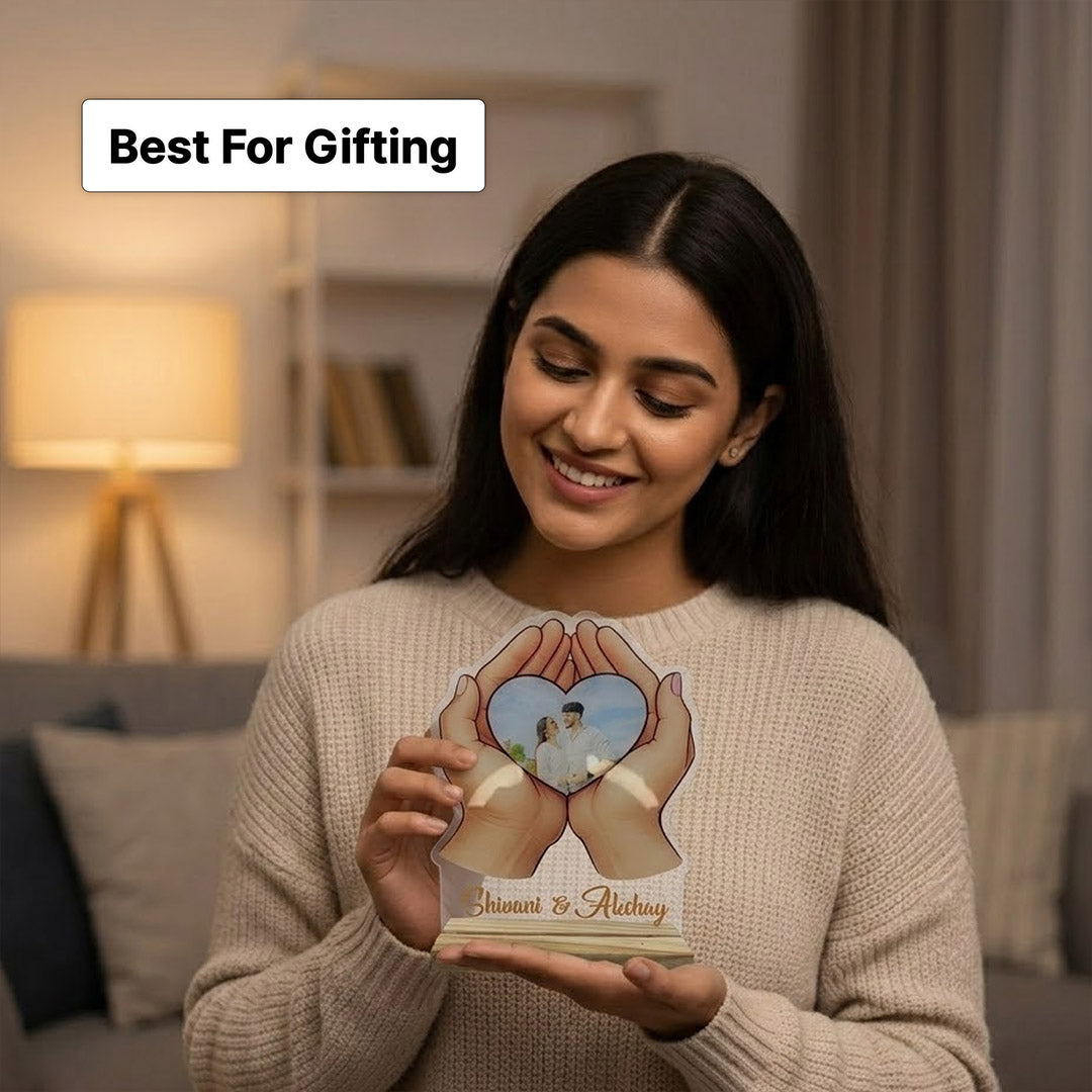 Personalized Holding Hands Heart Photo Acrylic Frame – Custom Couple Photo Table Top Gift (8×6 Inch) | Love Craft Gifts