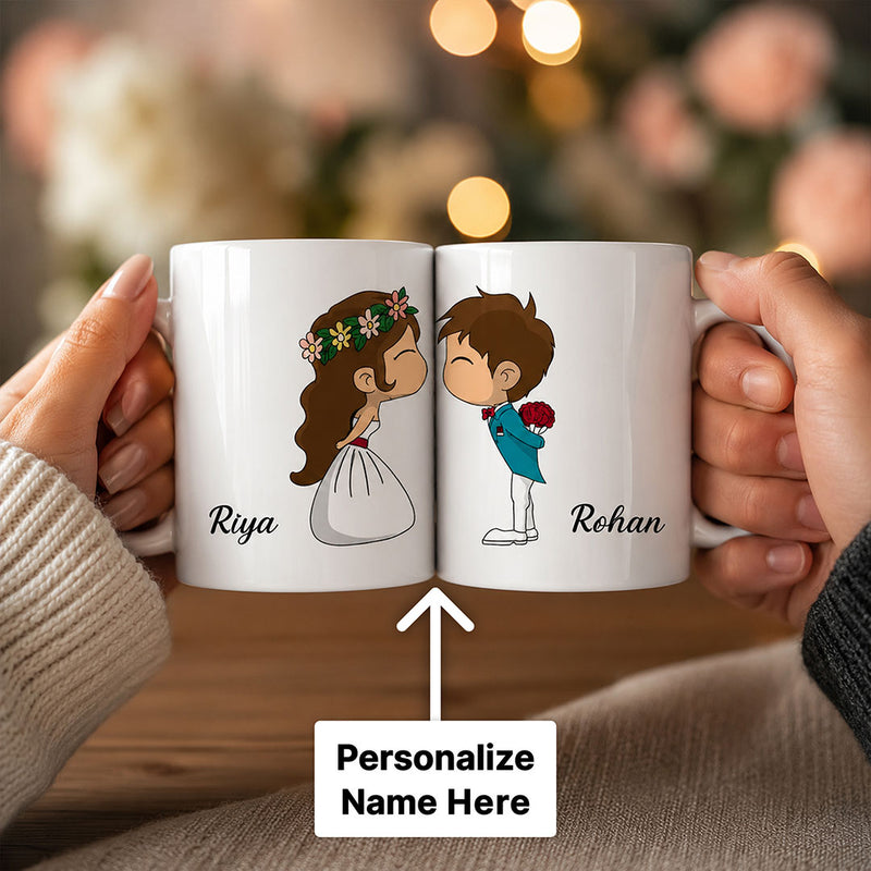 Personalized Couple Cartoon Name Mug Set 250ml | Custom His & Her Ceramic Coffee Mug with Names | Cute Romantic Gift for Anniversary, Valentine, Wedding & Couples | Love Craft Gifts™