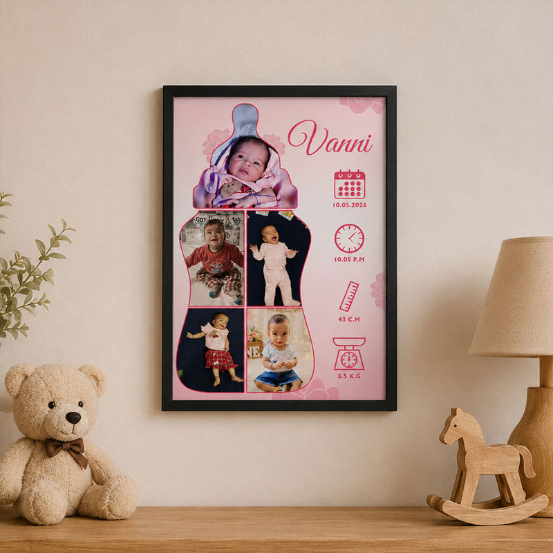 Personalized Baby Milestone Photo Frame with Custom Name & Birth Details | Emotional Newborn Memory Gift for Baby Girls & Parents - Available in All Sizes | Love Craft Gifts™