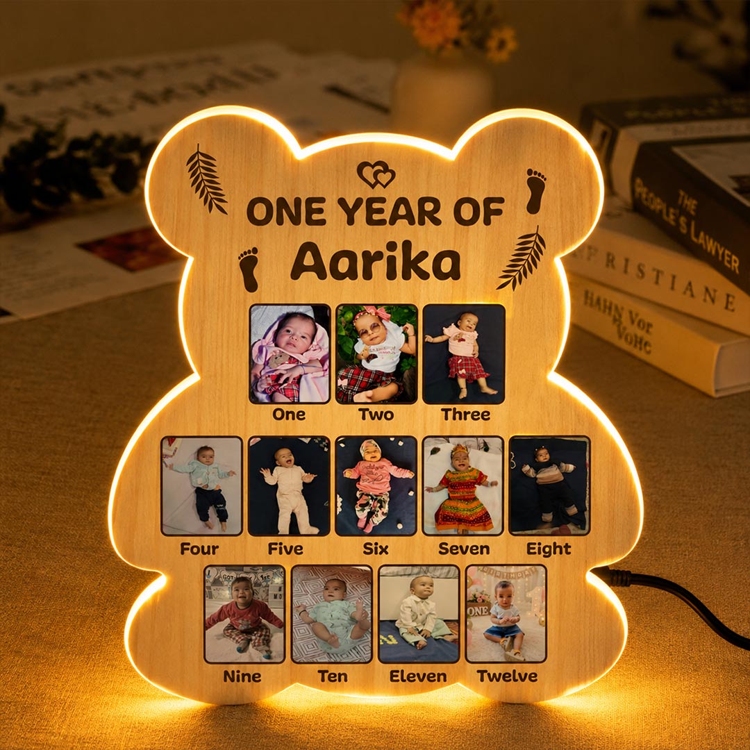 Personalized Baby Monthly Memory LED Wooden Photo Frame with Custom Name & 12 Baby Photos | First Birthday Keepsake Gift for Baby Girls, Boys & Parents - 18x14" | Love Craft Gifts™