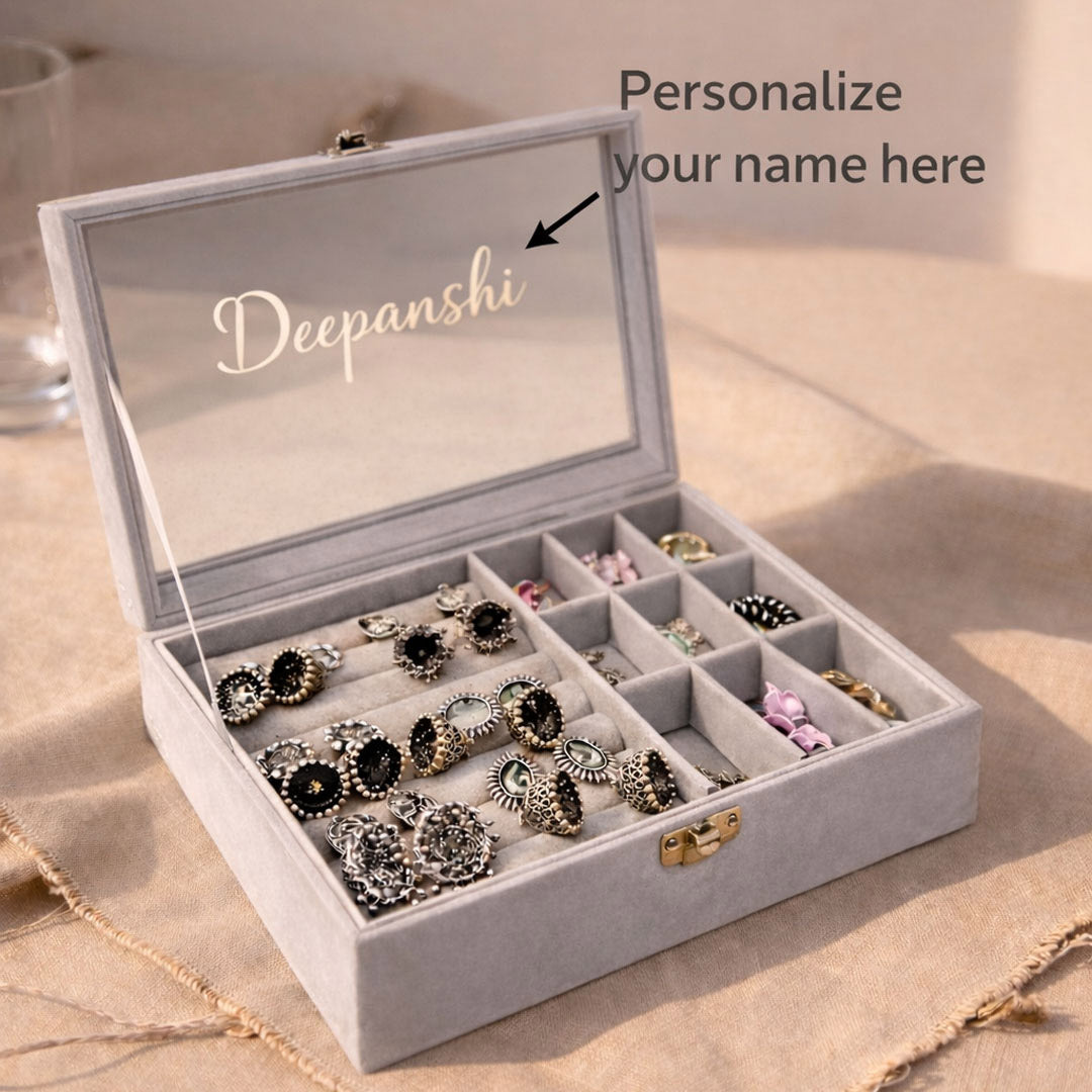 Personalized Beige Velvet Jewellery Box for Earrings & Jhumkas | Love Craft Gifts