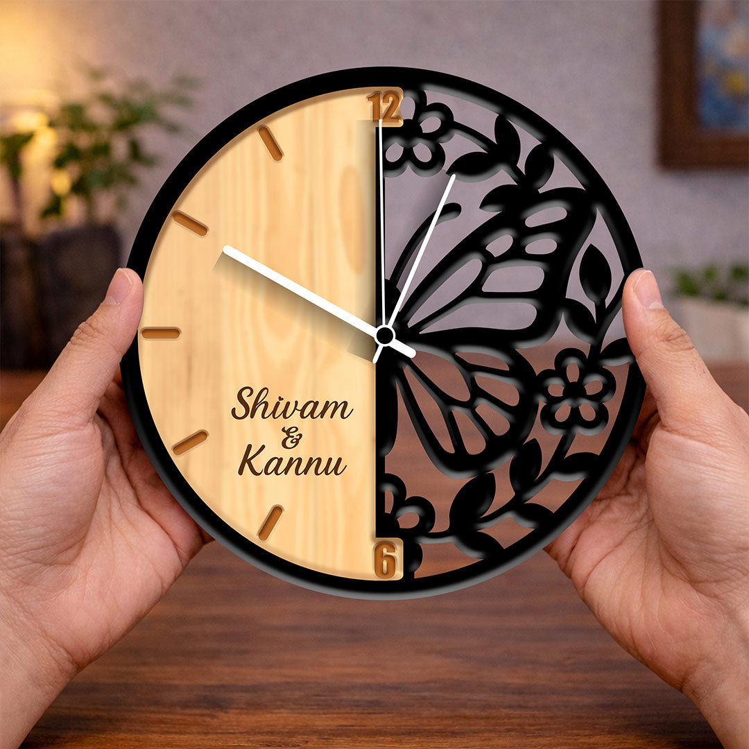 Personalized Butterfly Designer Wall Clock – Custom Name Wooden Couple Wall Clock (11 Inch) | Love Craft Gifts