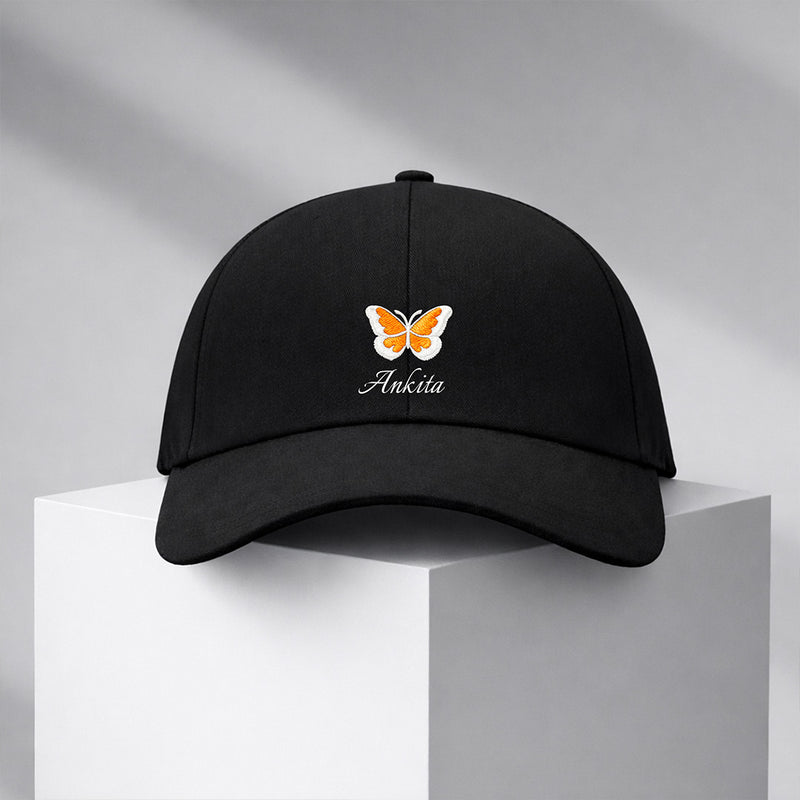 Personalized Butterfly Printed Black Cap – Custom Name Adjustable Baseball Hat for Women & Girls | Love Craft Gifts