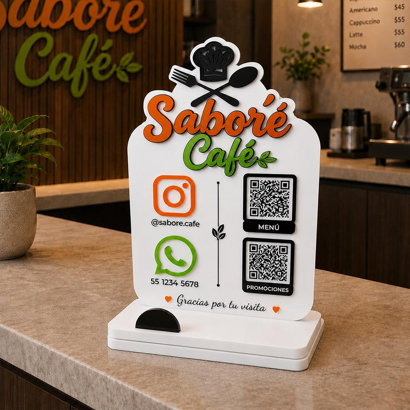 Personalized Café QR Code Table Stand with Custom Logo & Social Media Display | Premium Business Branding Gift for Coffee Shops & Restaurants - 9x6" | Love Craft Gifts™