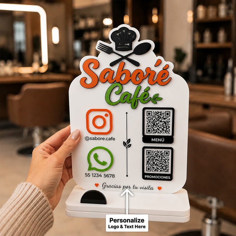 Personalized Café QR Code Table Stand with Custom Logo & Social Media Display | Premium Business Branding Gift for Coffee Shops & Restaurants - 9x6" | Love Craft Gifts™