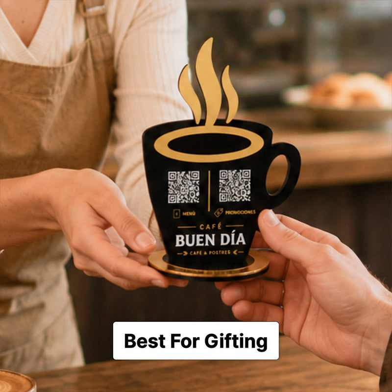Personalized Coffee Mug QR Code Table Stand with Custom Logo & Café Branding Display | Premium Business Gift for Coffee Shops & Cafés - 8x5" | Love Craft Gifts™