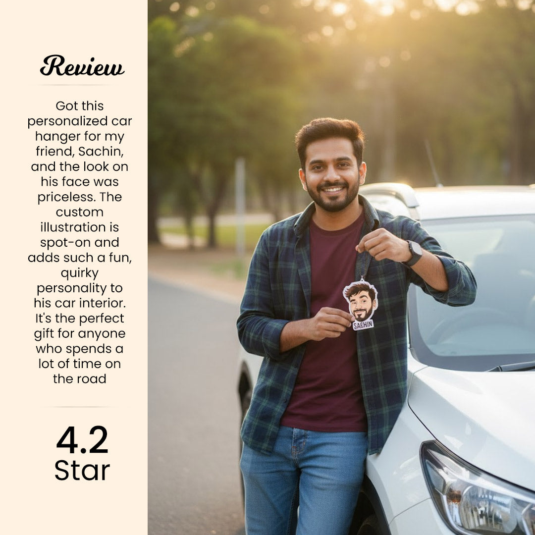 Personalized Cartoon Car Hanger – 2×3" (Custom Face + Name)| Love Craft Gifts