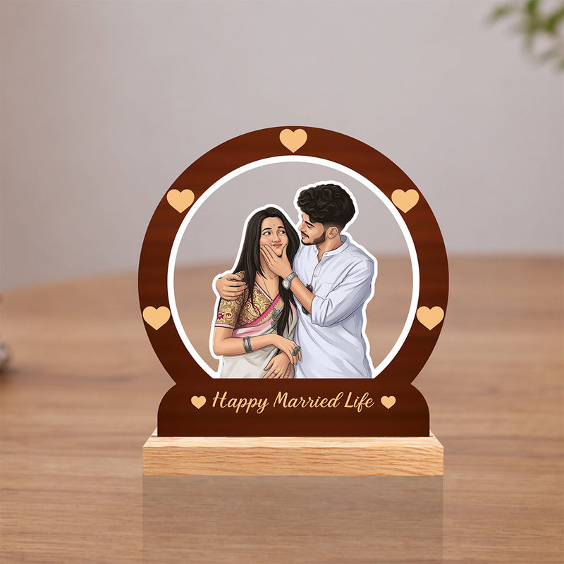 Personalized Cartoon Couple Wooden Table Top Frame | Custom Happy Married Life Photo Stand Gift for Couples 8x8" | Love Craft Gifts™