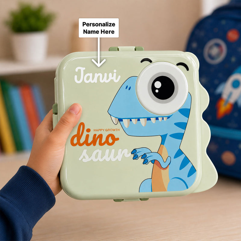Personalized Dino Kids Lunch Box with Name | Cartoon Stainless Steel Lunch Box for School Kids 1120ML + 70ML | Love Craft Gifts™