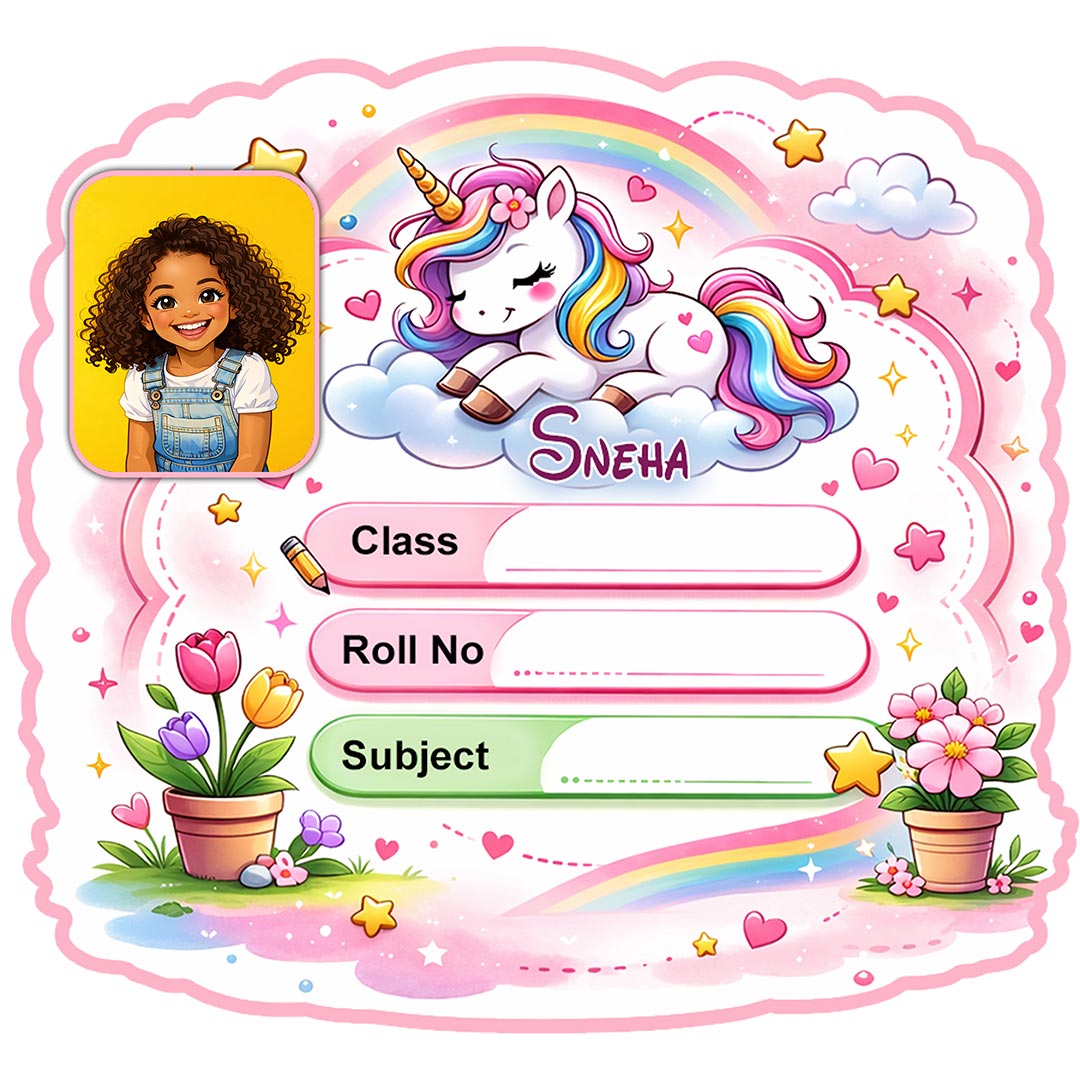 Personalized Rainbow Unicorn Garden Kids Name Slips (2x3 Inch, 28 Stickers) – Custom Name & Photo School Labels | Love Craft Gifts