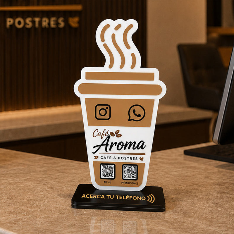 Personalized Coffee Cup QR Code Table Stand with Custom Logo & Social Media Display | Premium Café Branding Gift for Coffee Shops & Small Businesses - 7x4" | Love Craft Gifts™