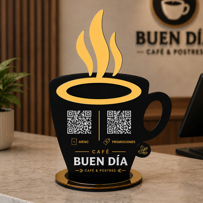 Personalized Coffee Mug QR Code Table Stand with Custom Logo & Café Branding Display | Premium Business Gift for Coffee Shops & Cafés - 8x5" | Love Craft Gifts™