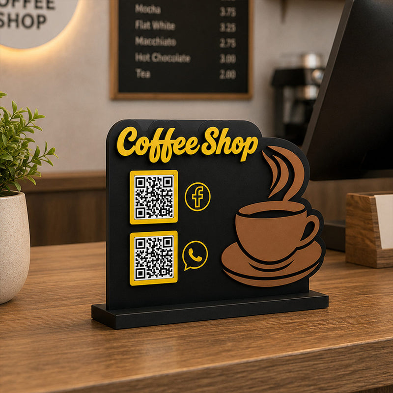 Personalized Coffee Shop QR Code Table Stand with Social Media Display | Custom Cafe Menu Scan Stand for WhatsApp & Facebook | Premium Business Counter Decor | Love Craft Gifts™