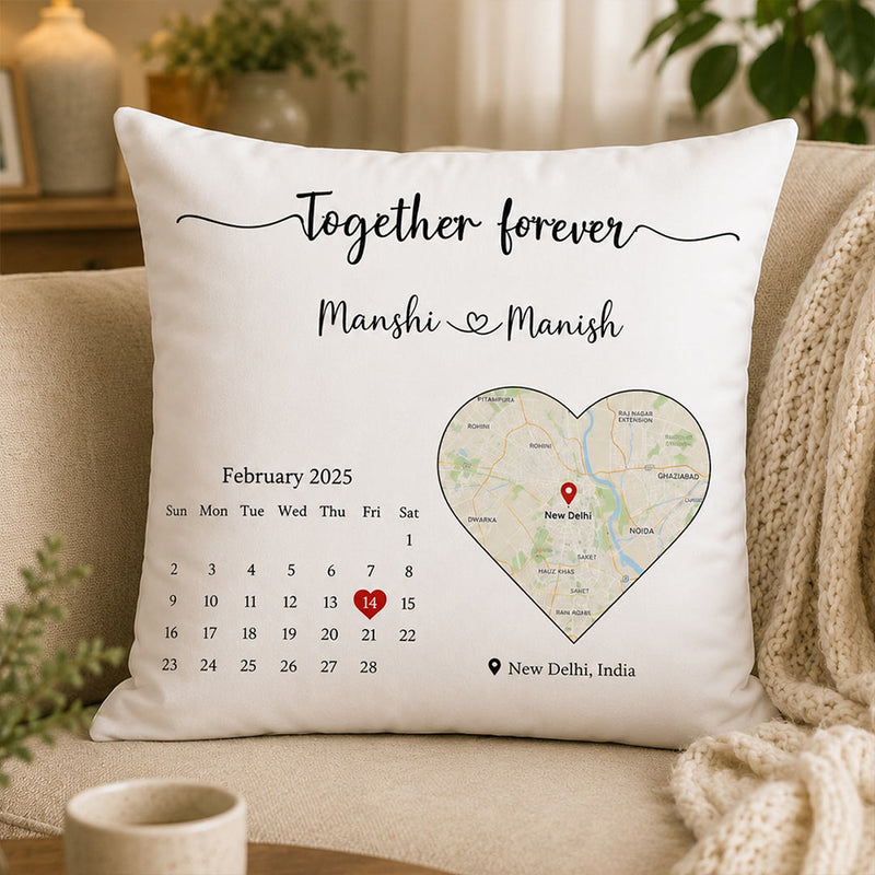 Personalized Together Forever Calendar Map Cushion Cover with Custom Names & Date | Romantic Anniversary Gift for Couples, Husband, Wife & Newlyweds - 12x12" | Love Craft Gifts™