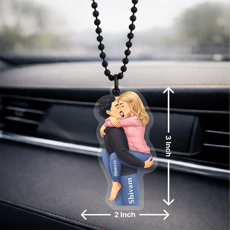 Personalized Couple Car Hanging with Cartoon Photo & Name Custom Acrylic Romantic Car Charm (3x2 Inch) Gift for Girlfriend, Boyfriend & Husband | Love Craft Gifts