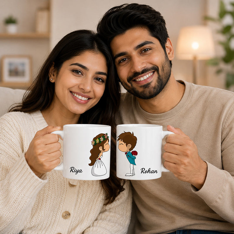 Personalized Couple Cartoon Name Mug Set 250ml | Custom His & Her Ceramic Coffee Mug with Names | Cute Romantic Gift for Anniversary, Valentine, Wedding & Couples | Love Craft Gifts™