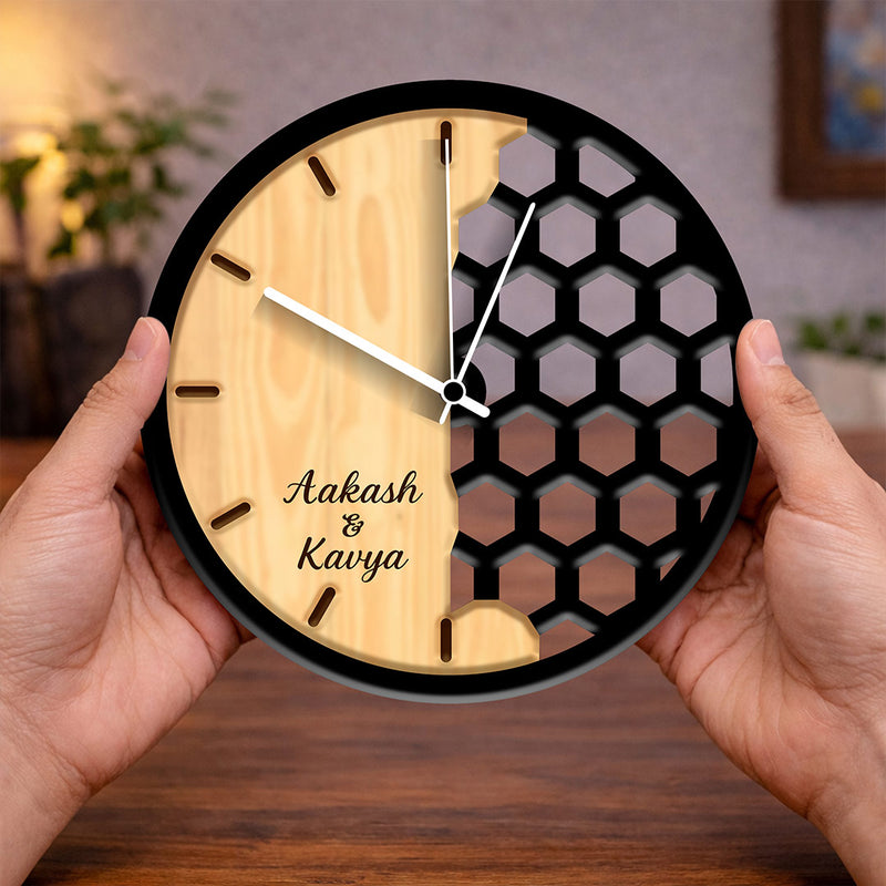 Personalized Couple Designer Wall Clock – Custom Name Modern Wooden Wall Clock (11 Inch) | Love Craft Gifts