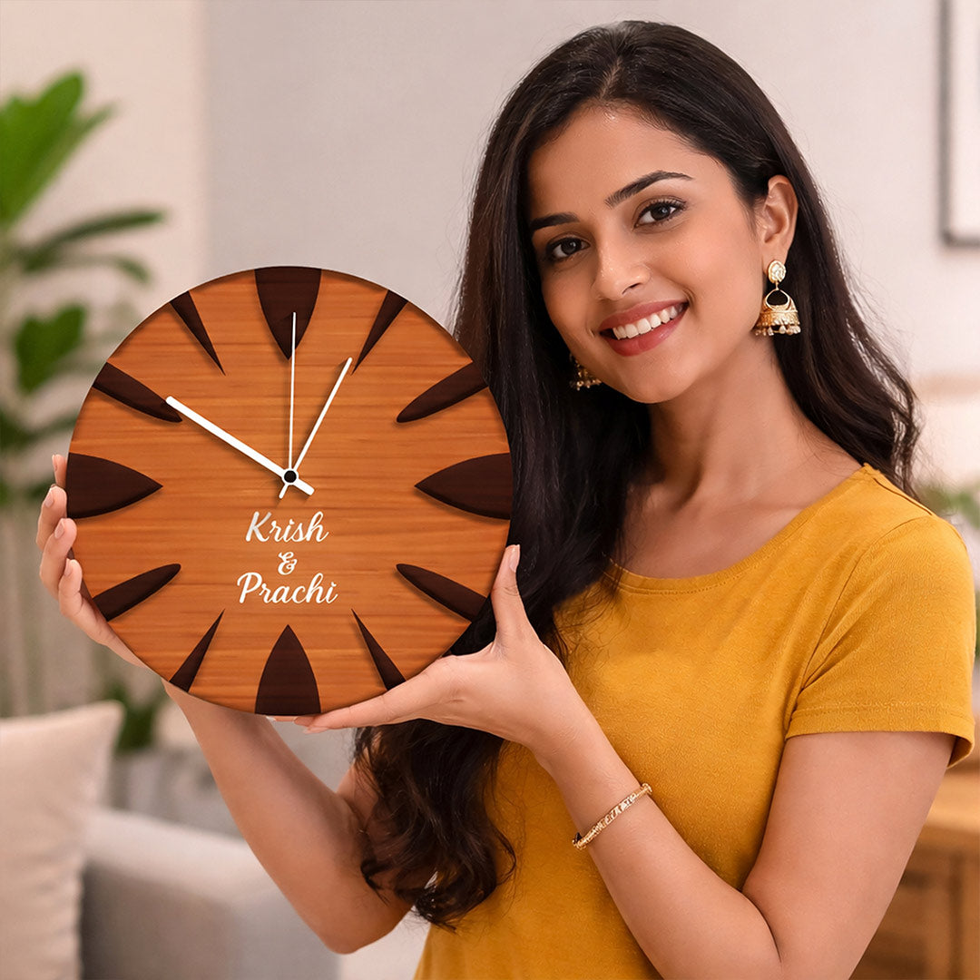 Personalized Couple Name Wooden Wall Clock – Custom Engraved 11 Inch Decorative Wall Clock | Love Craft Gifts