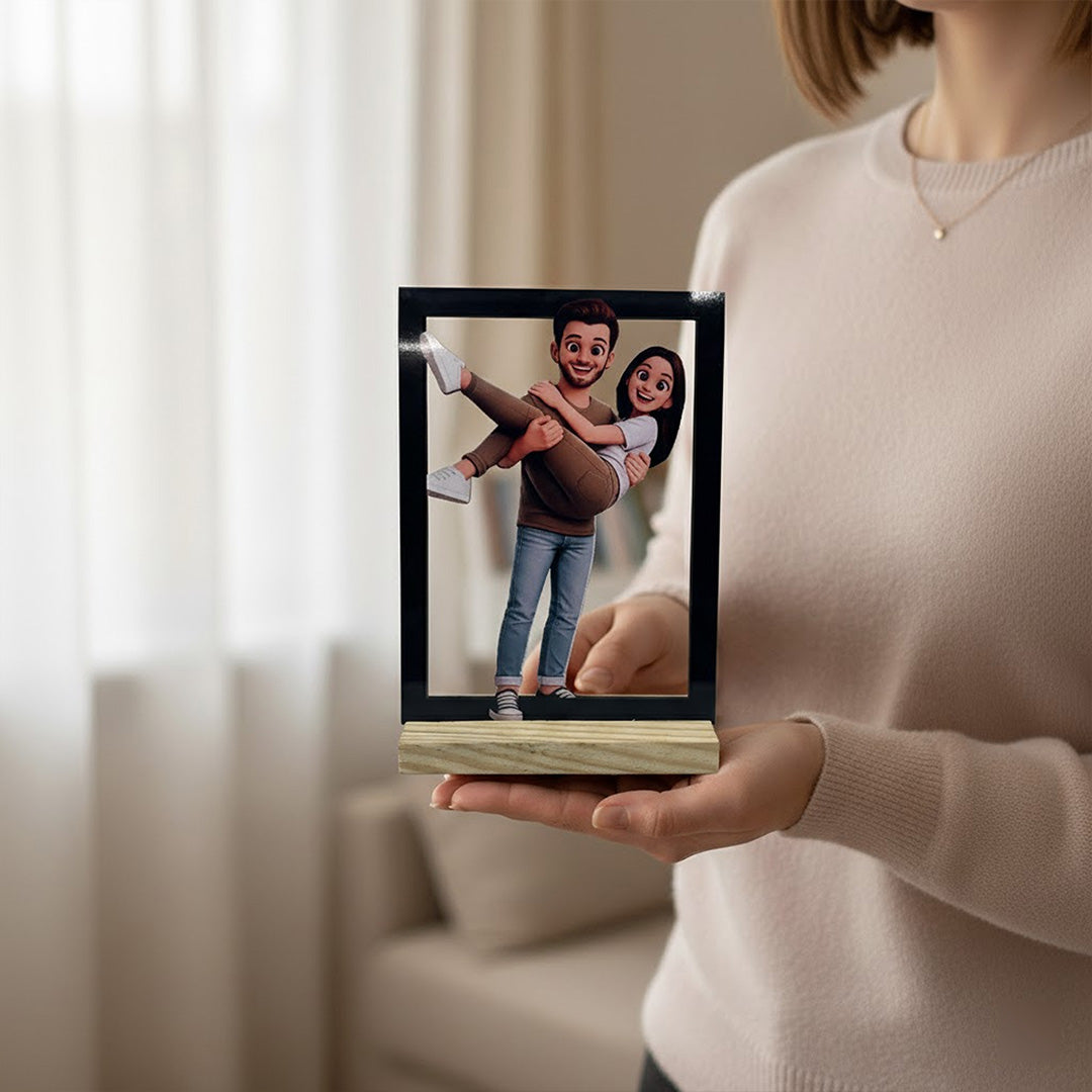 Personalized 3D Couple Photo Frame – Custom Cartoon Style Photo Table Frame (6×8 Inch) | Love Craft Gifts