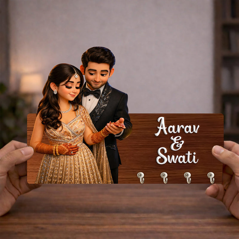 Personalized Couple Photo Wooden Key Holder with Name – Custom Wall Key Hanger (7 x 5 Inch) | Love Craft Gifts