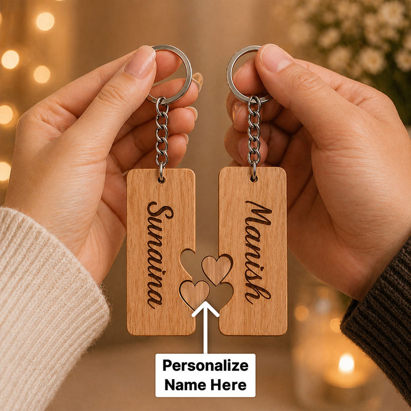 Personalized Couple Wooden Keychain 2.5x2 Inch | Custom Name Matching Heart Keyring Gift for Couples | Love Craft Gifts™