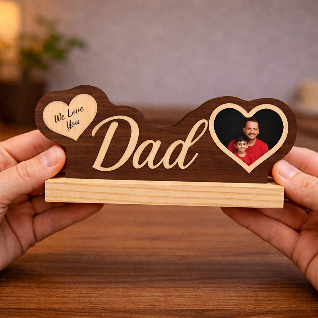 Personalized Dad Wooden Photo Stand – Custom “We Love You Dad” Heart Photo Tabletop Decor (8 x 3 Inch) | Love Craft Gifts